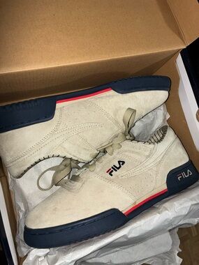 FILA Men's Beige Suede Sneakers with Navy and Red Accents